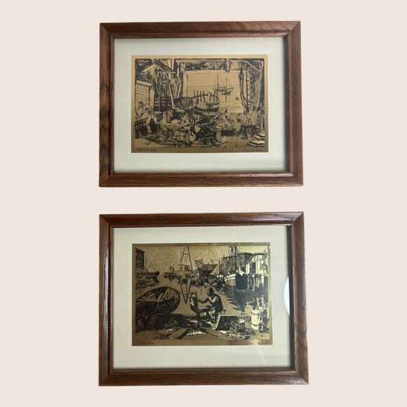 🖼️ VTG GOLD FOIL ETCHING LIONEL BARRYMORE OLD BOAT WORKS PURDY'S BASIN FRAMED - Picture 1 of 8